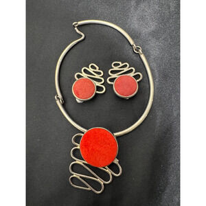 Vtg Carol Dauplaise Necklace Earrings Red Suede Silver Tone Set Modernist 70s